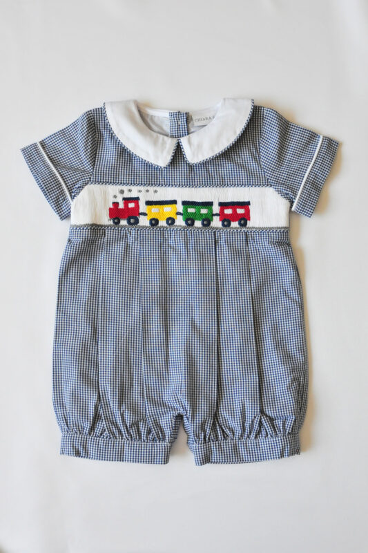 Blue Gingham Hand-Smocked Train Romper