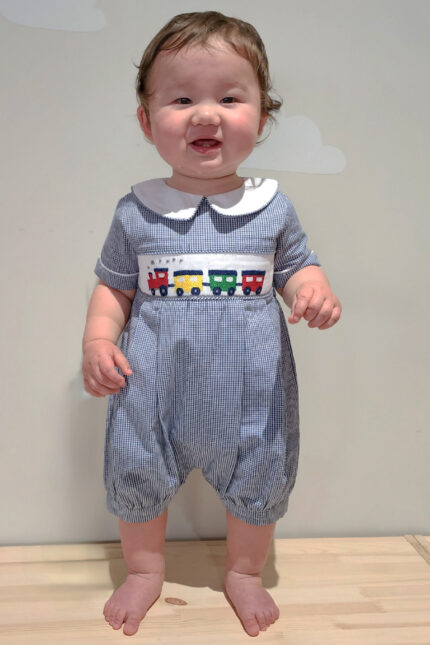 Blue Gingham Hand Smocked Train Romper