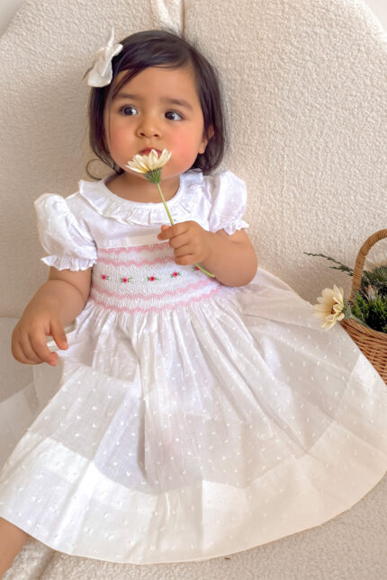 White Swiss Dot Hand Smocked Dress